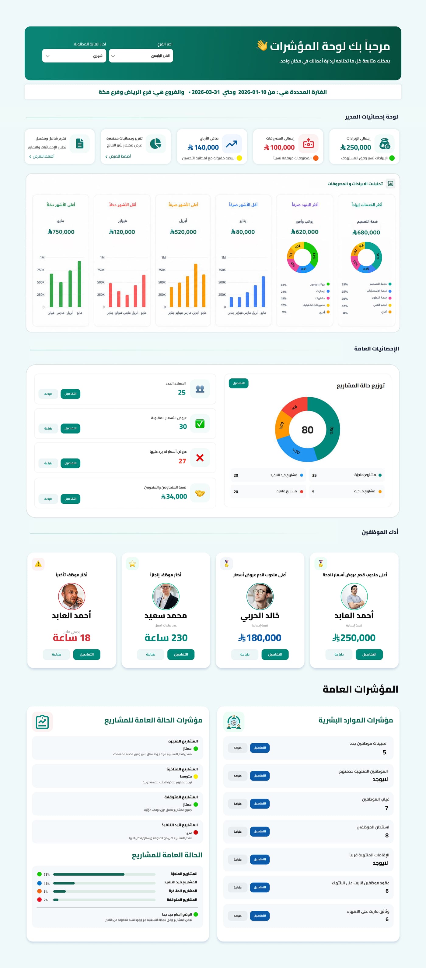 Tameer ERP manager dashboard: total revenue, expenses, and net profit; revenue analytics; project status; and employee performance